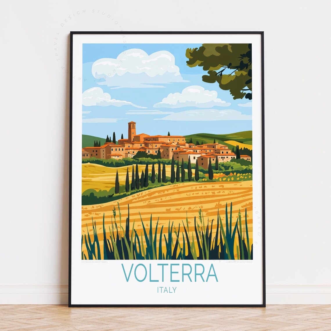 Volterra Italy Cypress Hills Golden Fields Scenic Travel Poster