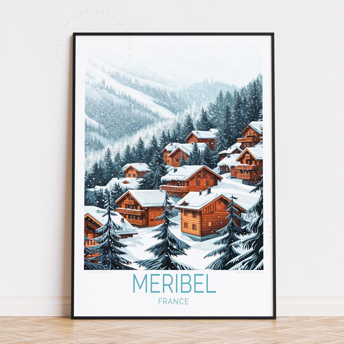Meribel France Snowy Alpine Village Chalets Vintage Travel Poster