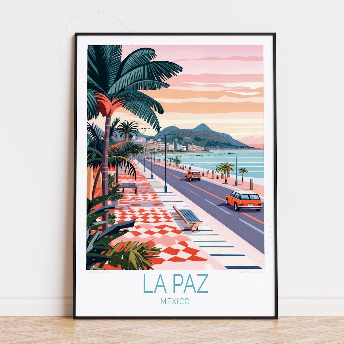 La Paz Mexico Malecon Palm Promenade Sunset Coastal Travel Poster