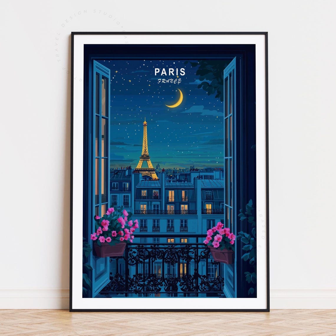 Paris France Starry Night Eiffel Tower Window View Travel Poster