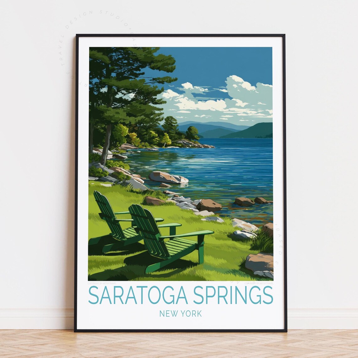 Saratoga Springs New York Lake Chairs Lakeside Travel Poster