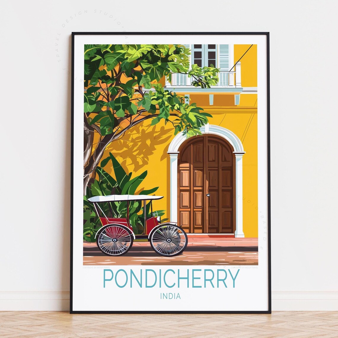 Pondicherry India Colonial Yellow Street Cycle Rickshaw Scene Poster