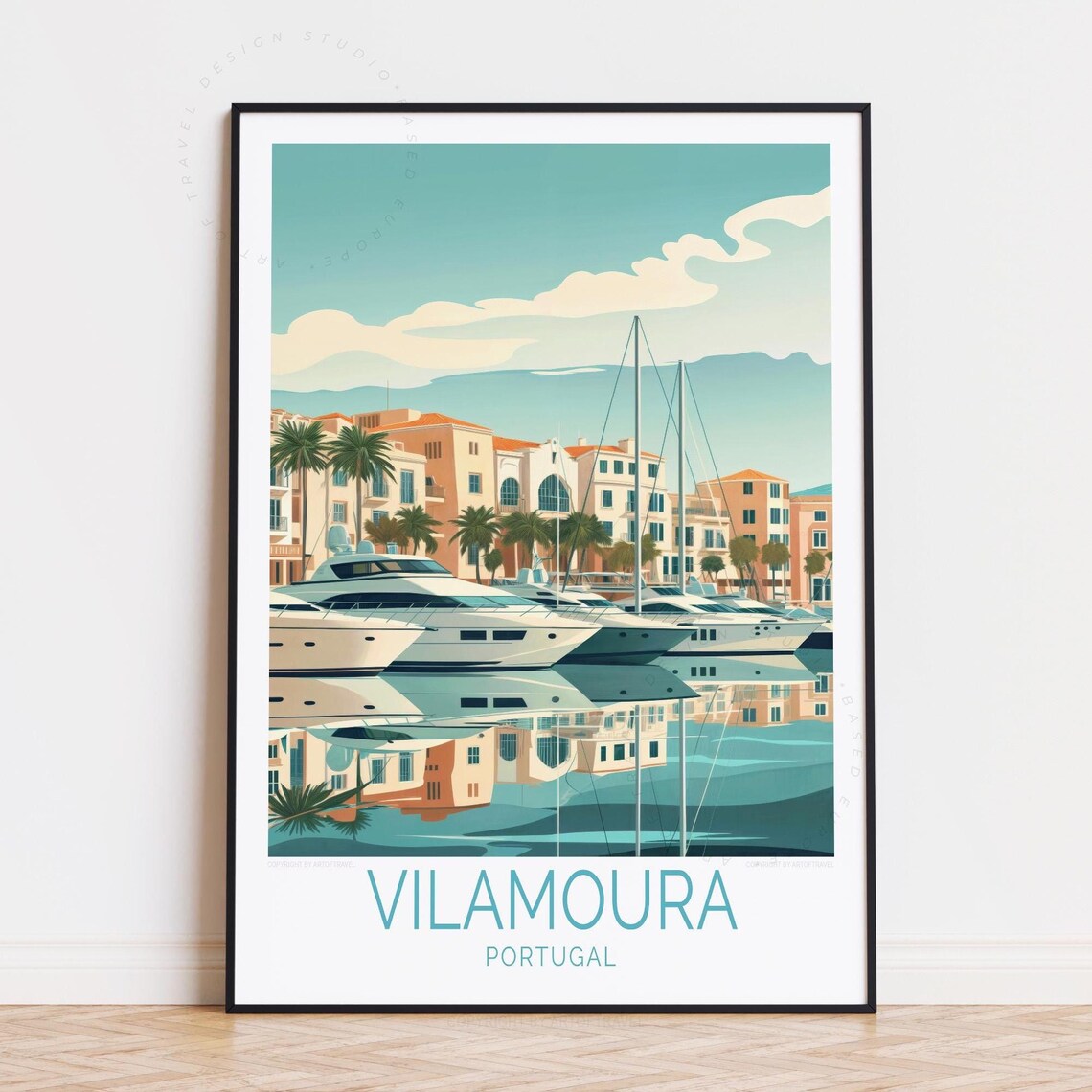 Vilamoura Portugal Marina Yachts Waterfront Palm Trees Travel Poster