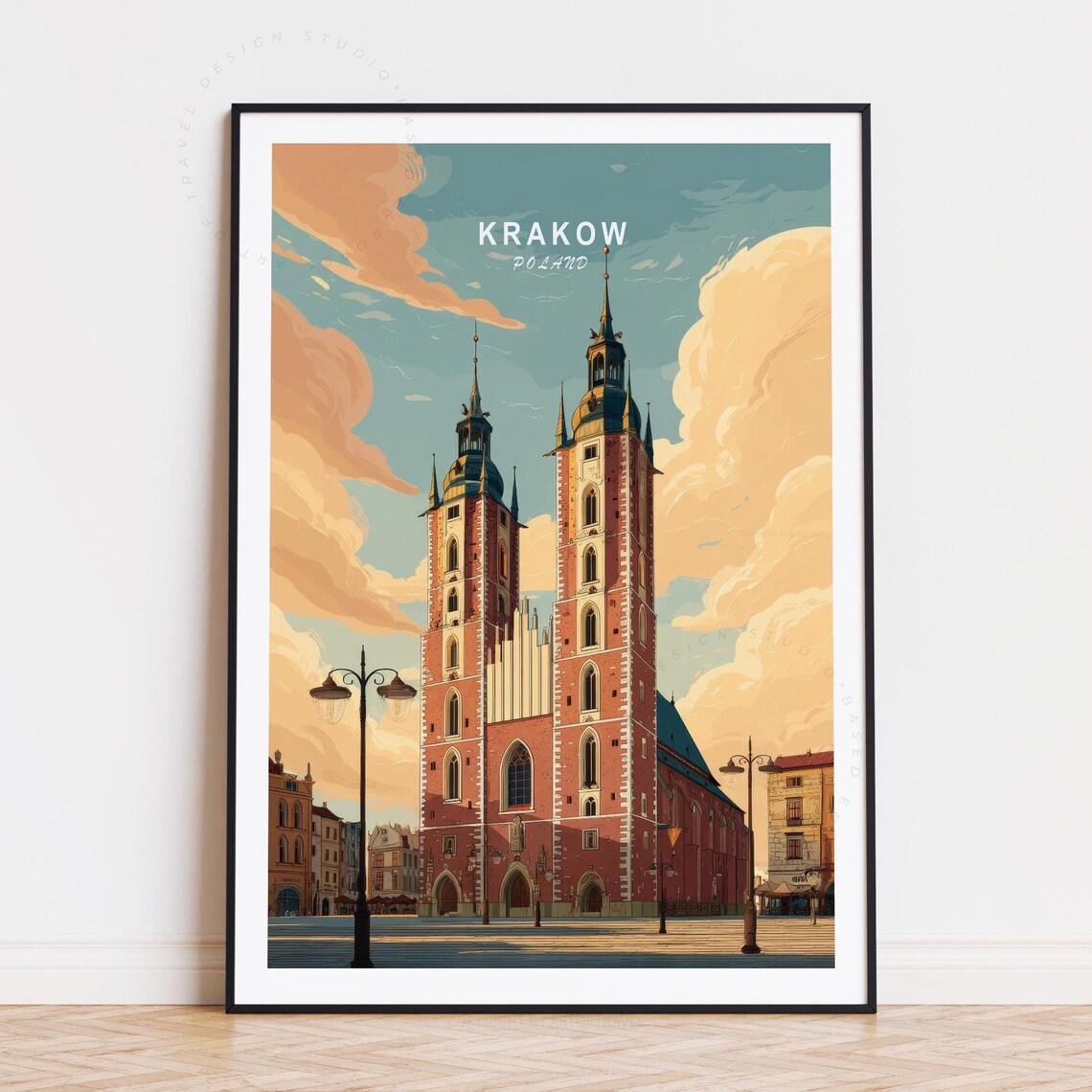 Krakow Poland St Marys Basilica Twin Towers Retro Travel Poster