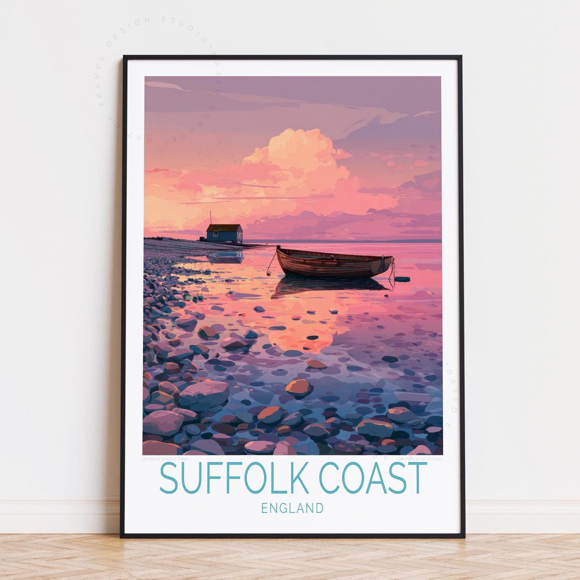 Suffolk Coast England Glowing Pink Sunset Beach Travel Poster