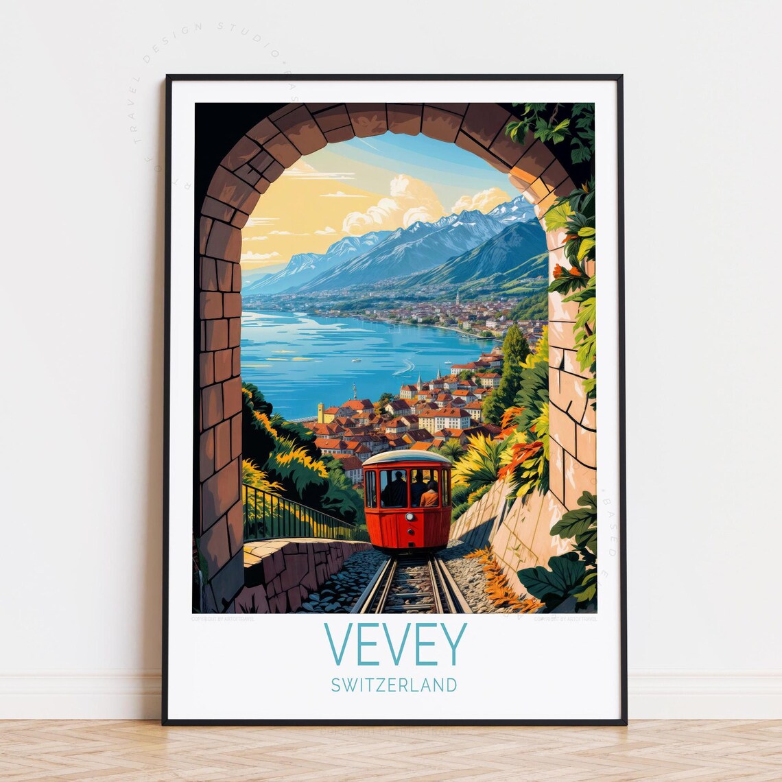 Vevey Switzerland Red Cable Car Descending To Lake Geneva Poster