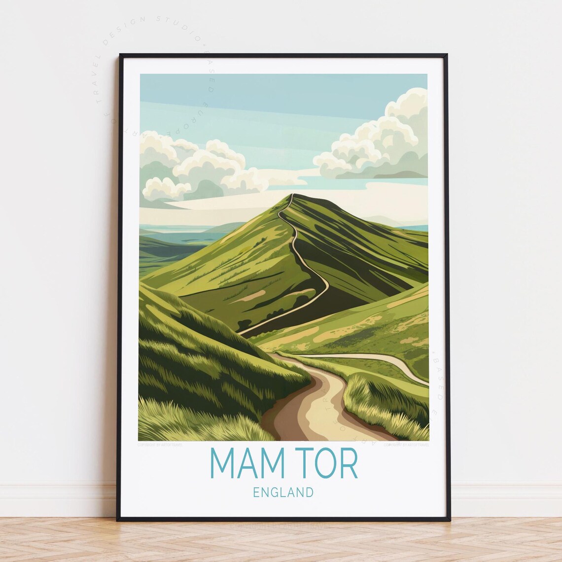 Mam Tor England Rolling Green Hills and Path Vintage Travel Poster