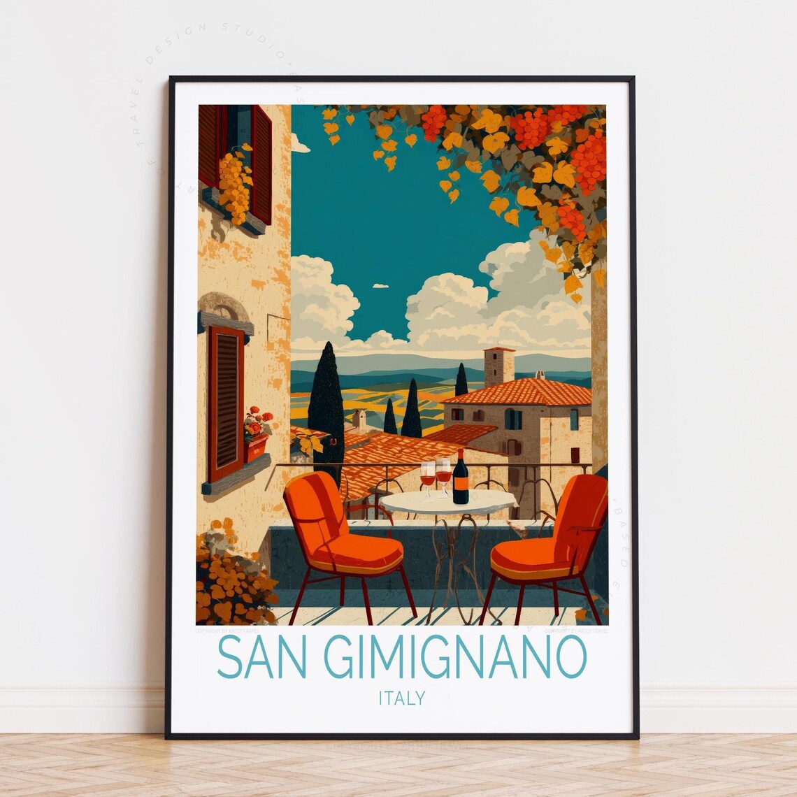 San Gimignano Italy Balcony Vineyard Sunset Vintage Travel Poster