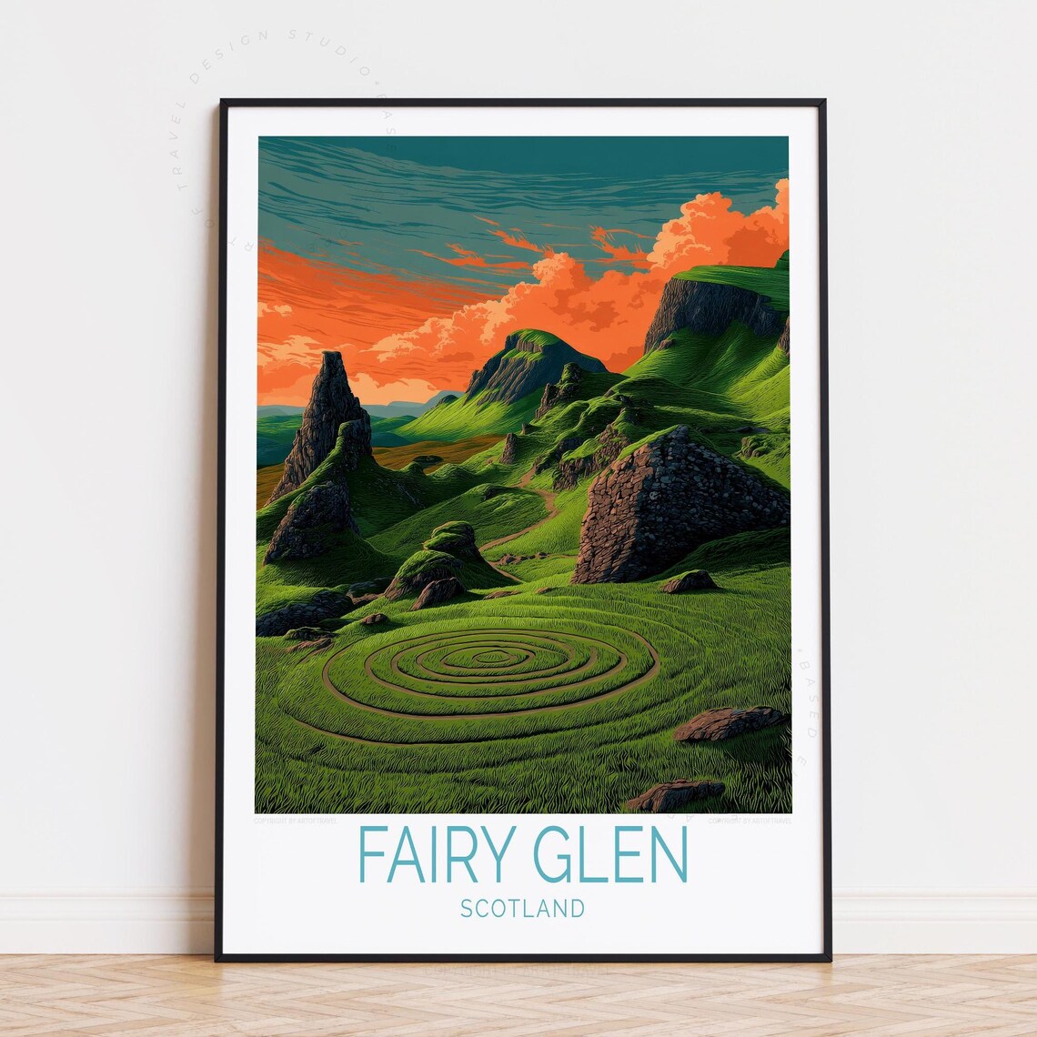 Fairy Glen Scotland Green Hills Rocky Sunset Glow Travel Poster