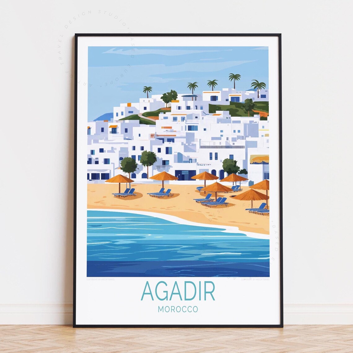 Agadir Morocco Beach Umbrellas Golden Sand Coast Travel Poster