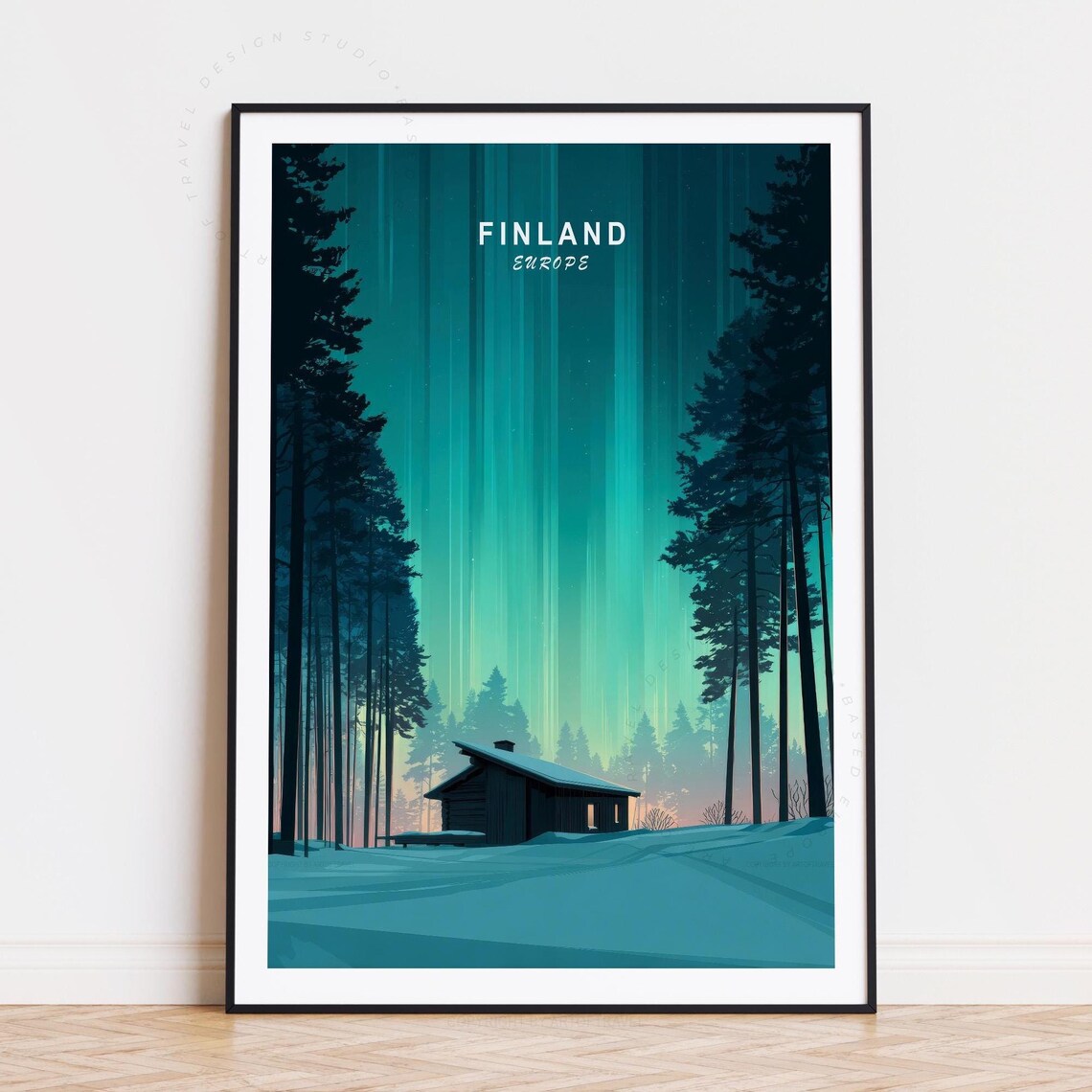 Finland Europe Aurora Borealis Cabin Pine Forest Snowy Night Scene Poster