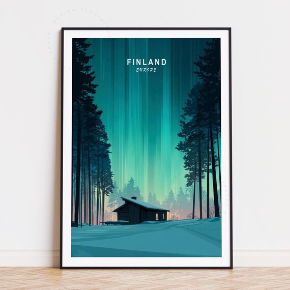 Finland Europe Aurora Borealis Cabin Pine Forest Snowy Night Scene Poster