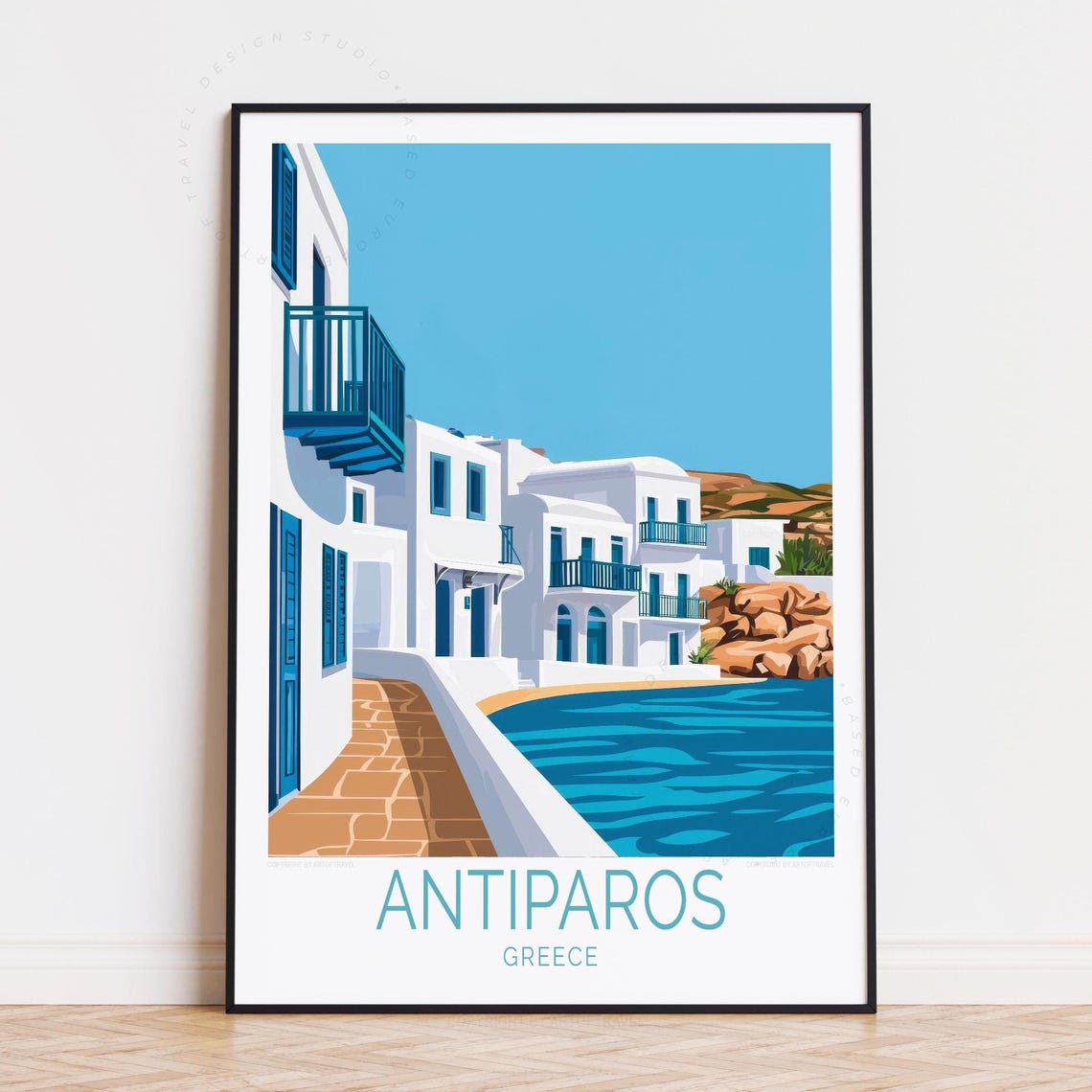 Antiparos Greece Whitewashed Seafront Blue Shutters Island Poster