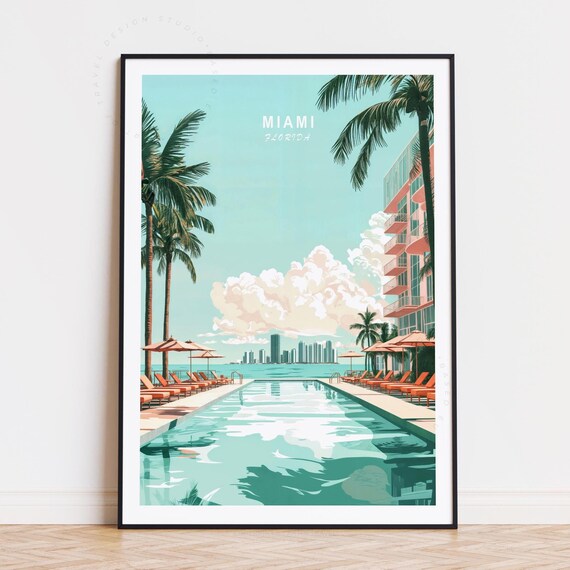 Miami Florida Sunny Pool Deck Palms Ocean View Travel Poster