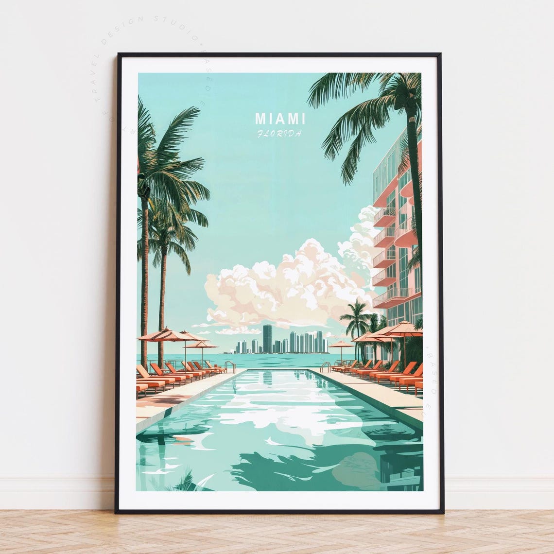 Miami Florida Sunny Pool Deck Palms Ocean View Travel Poster