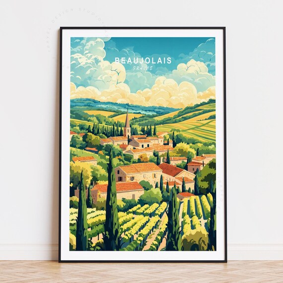 Beaujolais France Colorful Village Church Vineyard Scene Poster