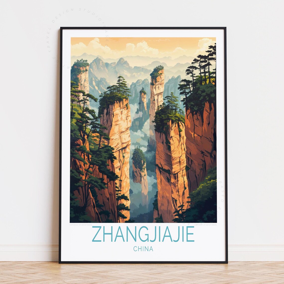Zhangjiajie China Towering Sandstone Pillars in Mist Travel Poster