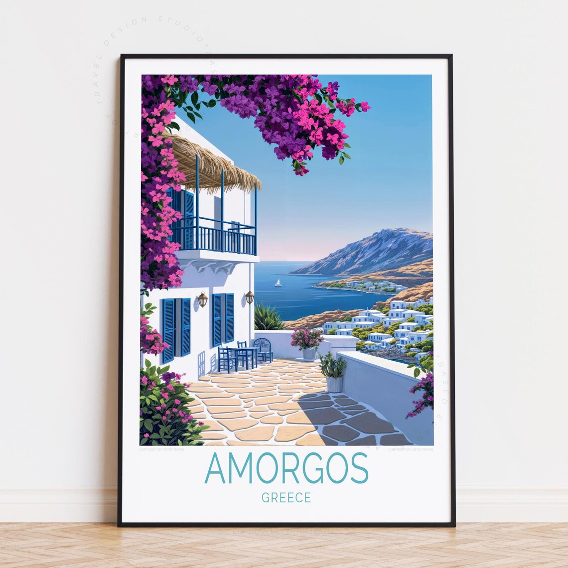 Amorgos Greece Whitewashed Villa Bougainvillea Sea View Travel Poster