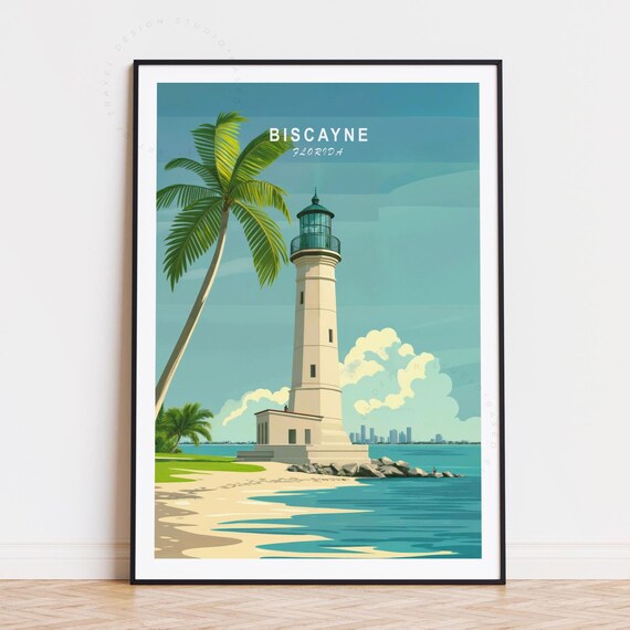 Biscayne Florida White Lighthouse Beach Palm Trees Travel Poster