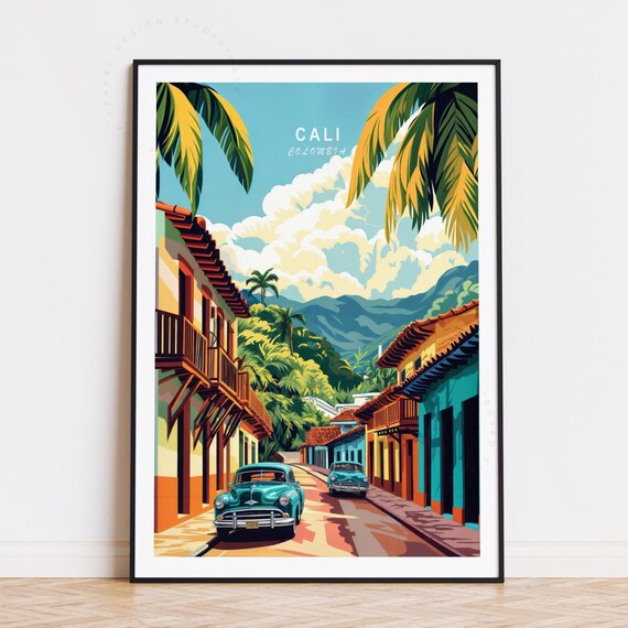 Sunny Cali Colombia Colonial Street Vintage Cars Palm Poster