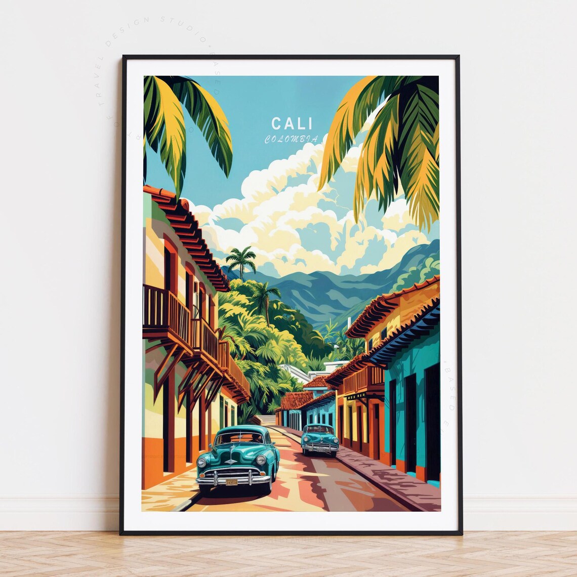 Sunny Cali Colombia Colonial Street Vintage Cars Palm Poster