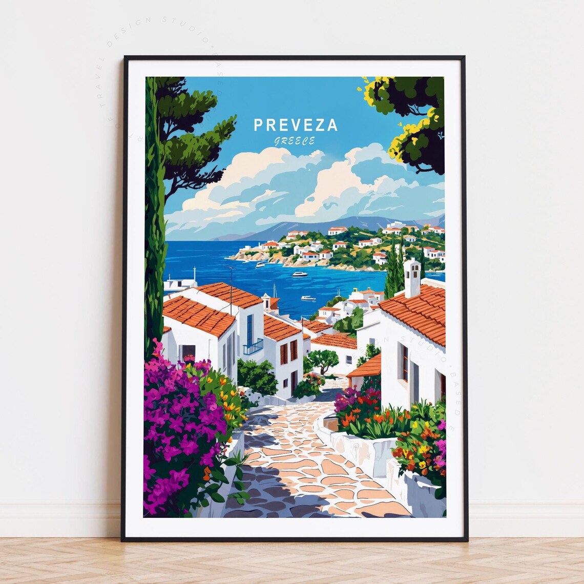 Preveza Greece White Houses Bougainvillea Lane Sea View Travel Poster