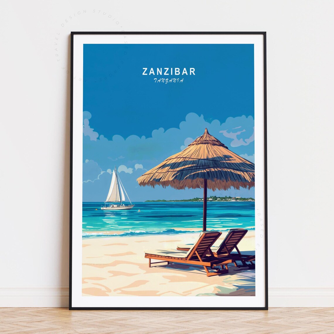 Zanzibar Tanzania White Sand Beach Thatched Umbrella Sail Travel Poster