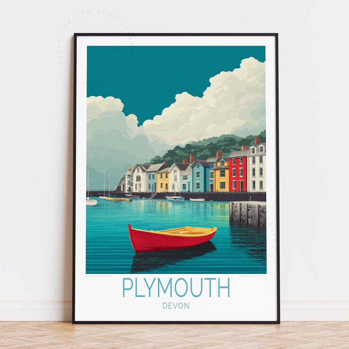 Plymouth Devon England Coastal Quay Red Rowboat Sea View Poster