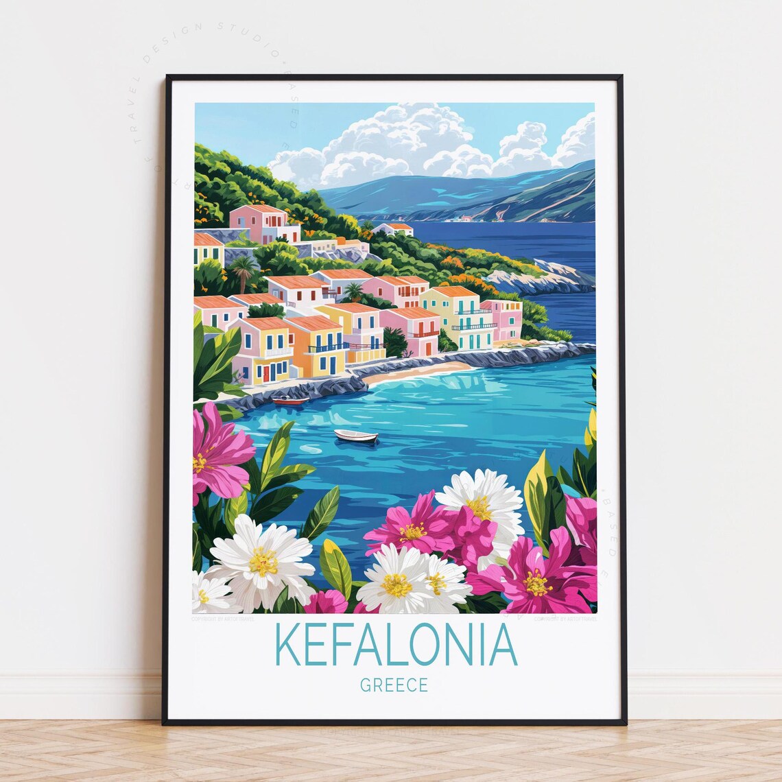 Kefalonia Greece Colorful Coastal Village Turquoise Bay Travel Poster