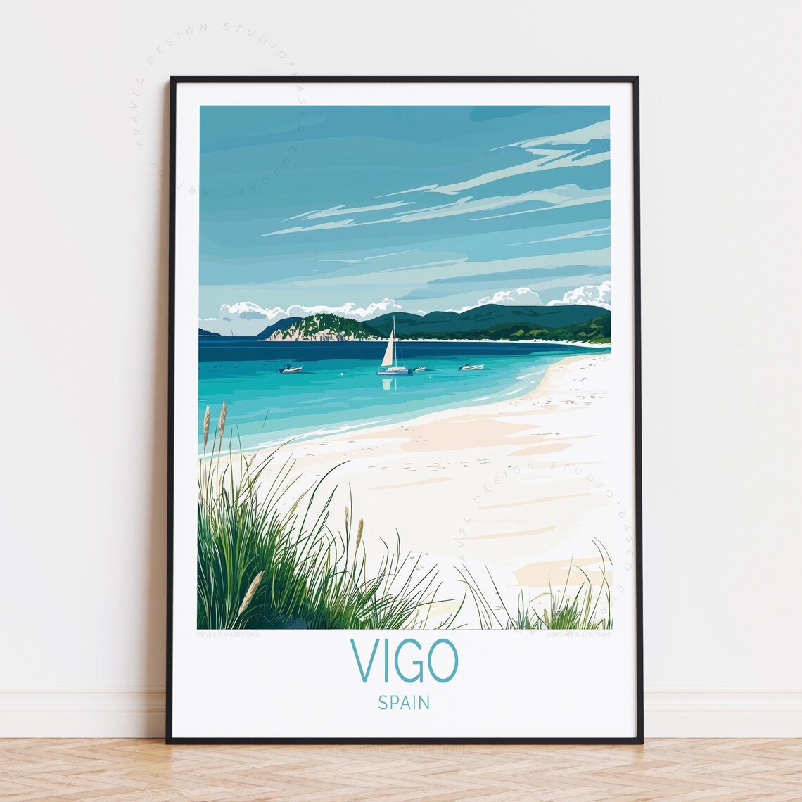 Vigo Spain Turquoise Water Beach Sailboat Coastal Travel Poster