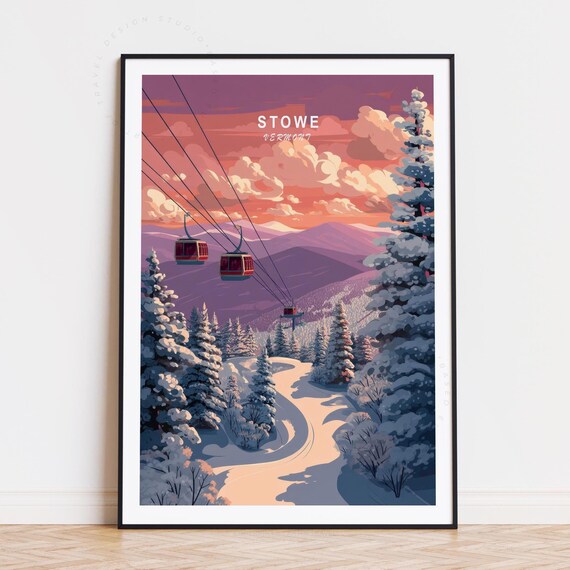 Stowe Vermont Winter Gondolas Purple Sunset Ski Travel Poster