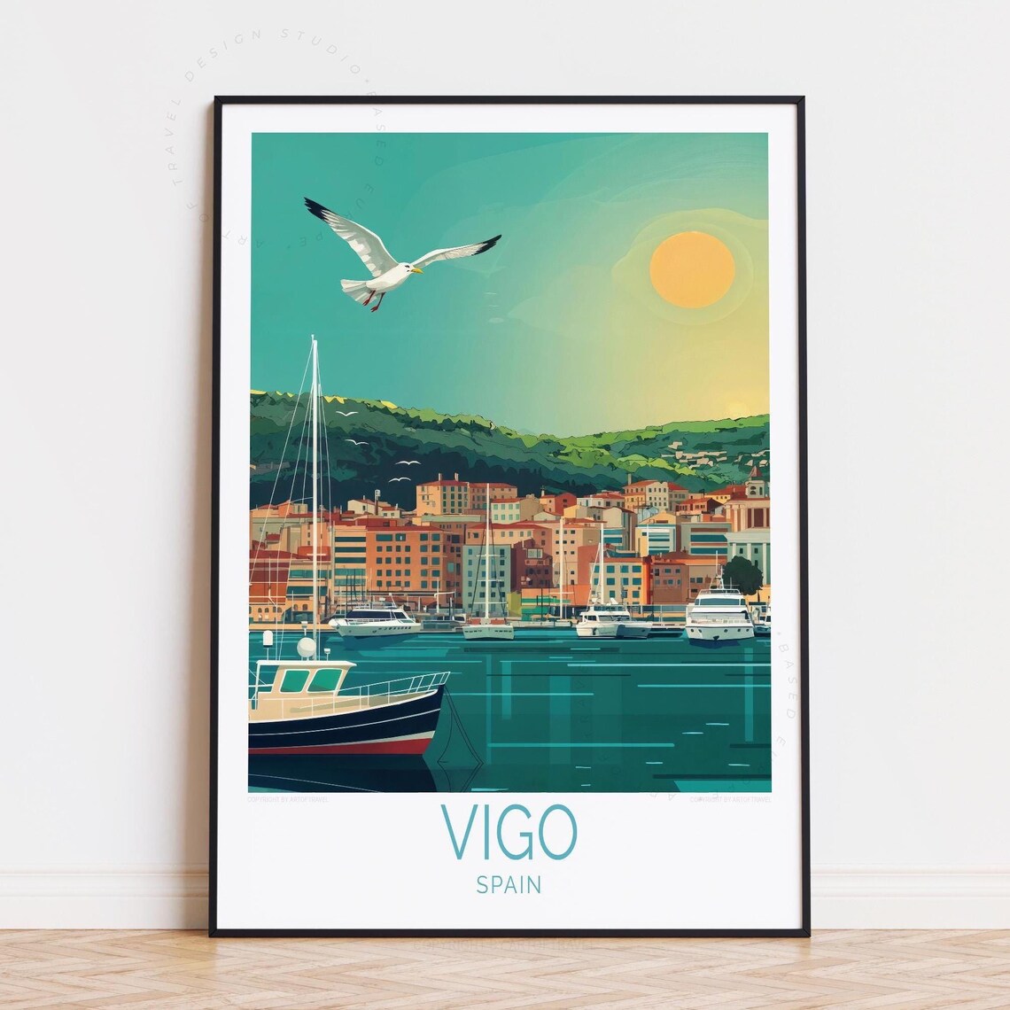 Vigo Spain Sunset Harbor Seagull Waterfront Boats Travel Poster