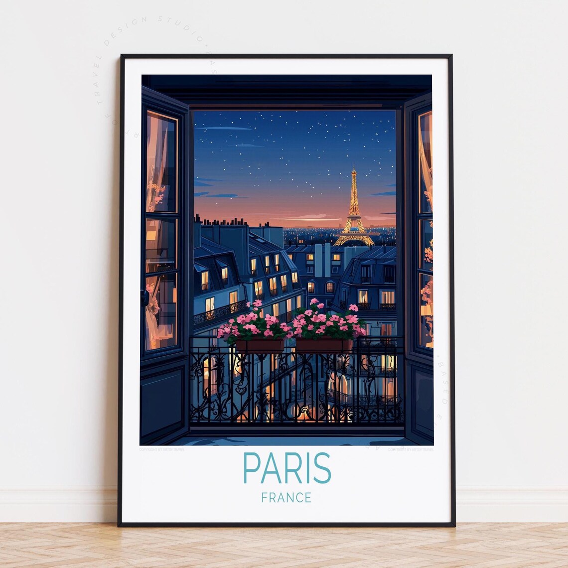 Paris France Eiffel Tower Night Balcony View City Lights Travel Poster