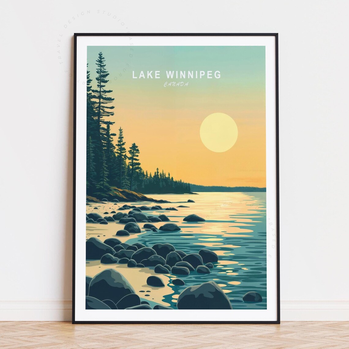 Lake Winnipeg Canada Sunset Lakeshore Pines Vintage Travel Poster