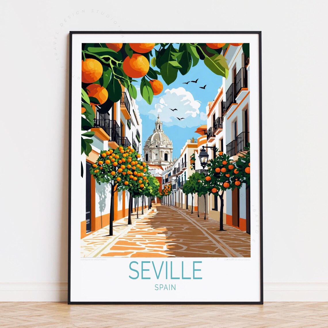Seville Spain Orange Tree Lined Avenue Sunlit Church Travel Poster