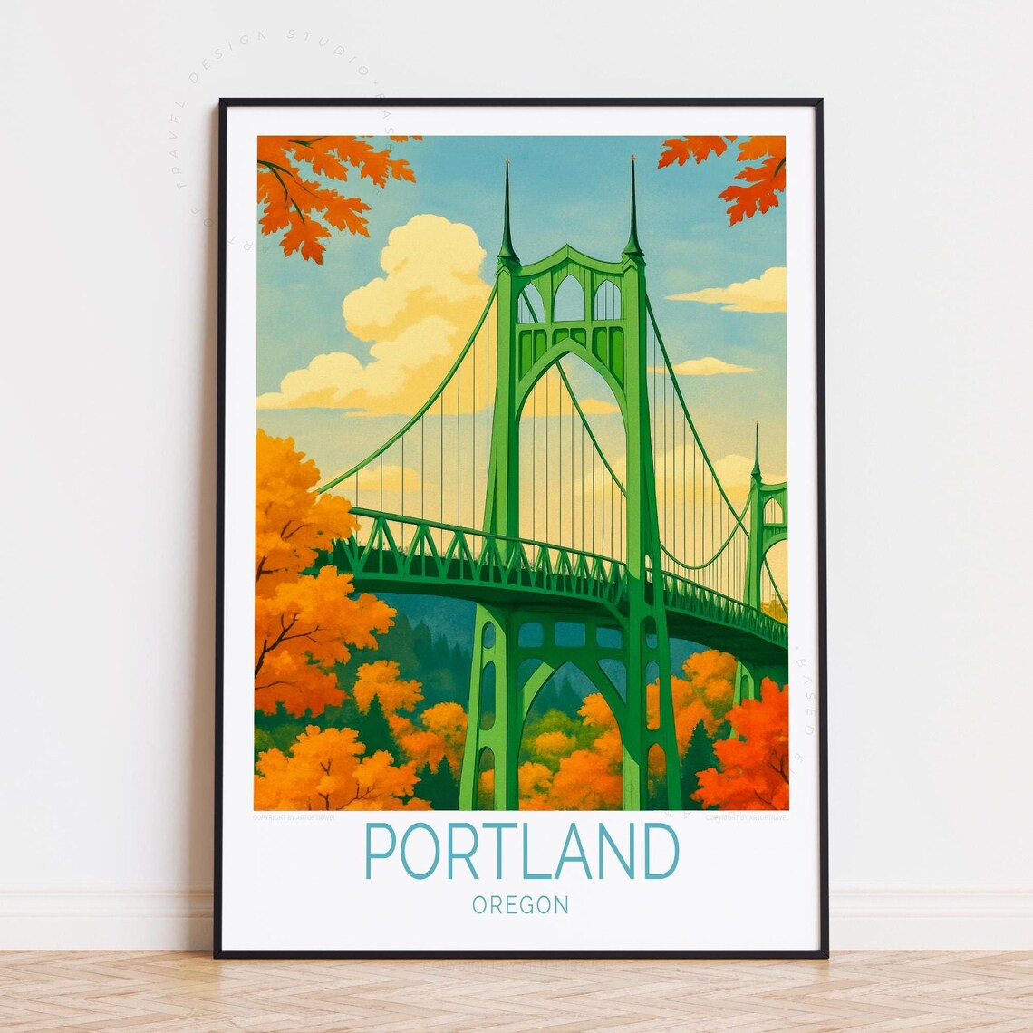 Portland Oregon St Johns Bridge Autumn Foliage River View Poster