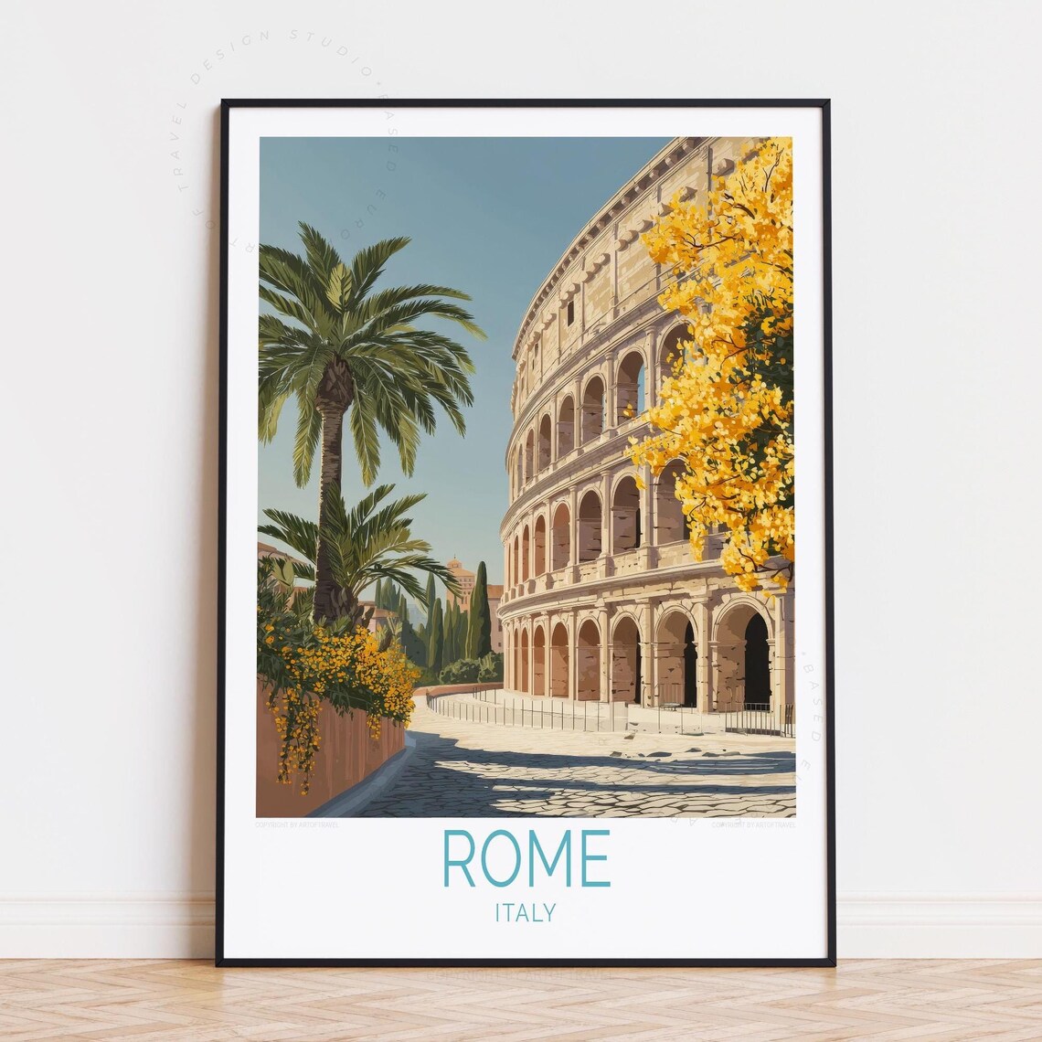 Rome Italy Colosseum Palms Golden Blossom Vintage Travel Poster
