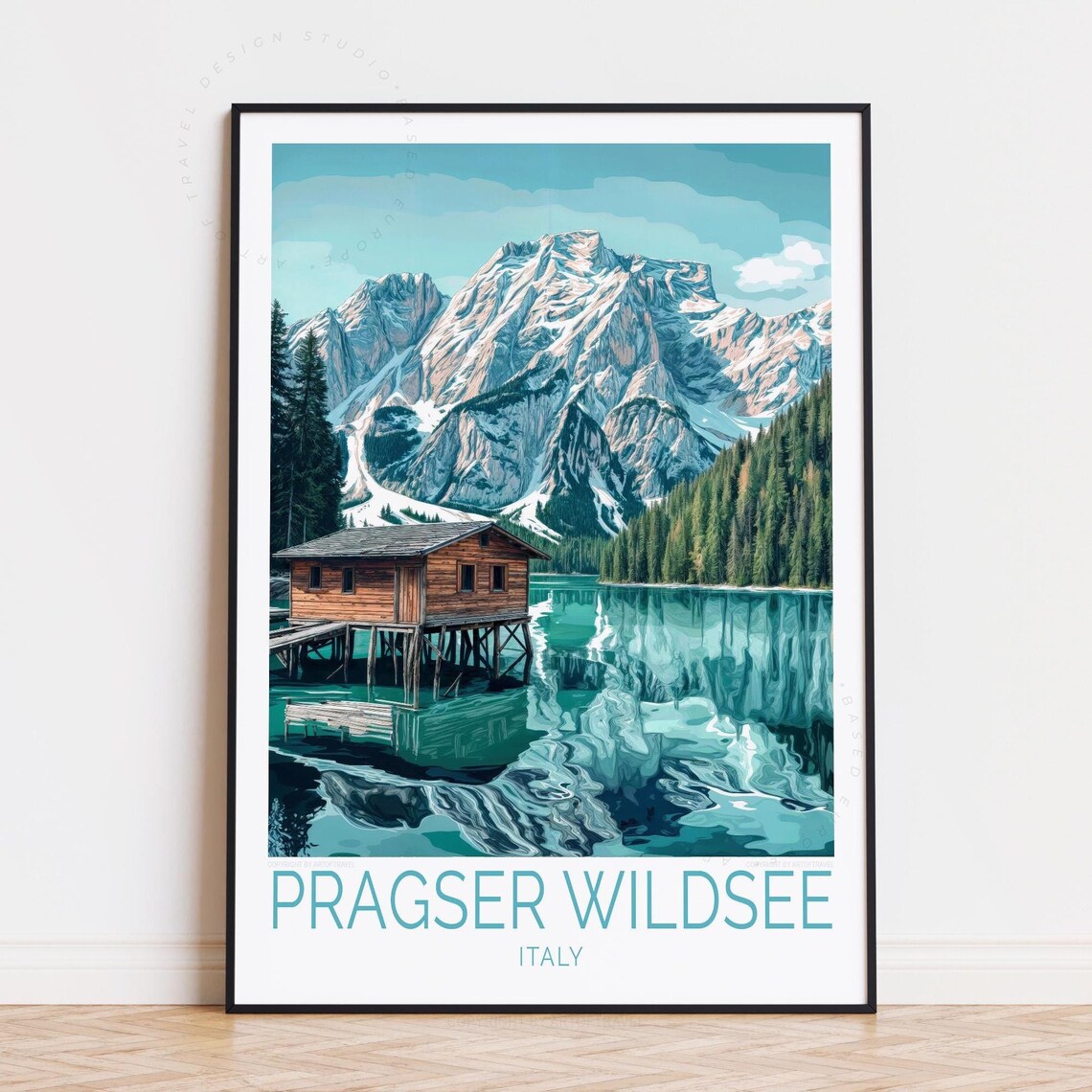 Pragser Wildsee Italy Boathouse Snowy Peak Vintage Travel Poster