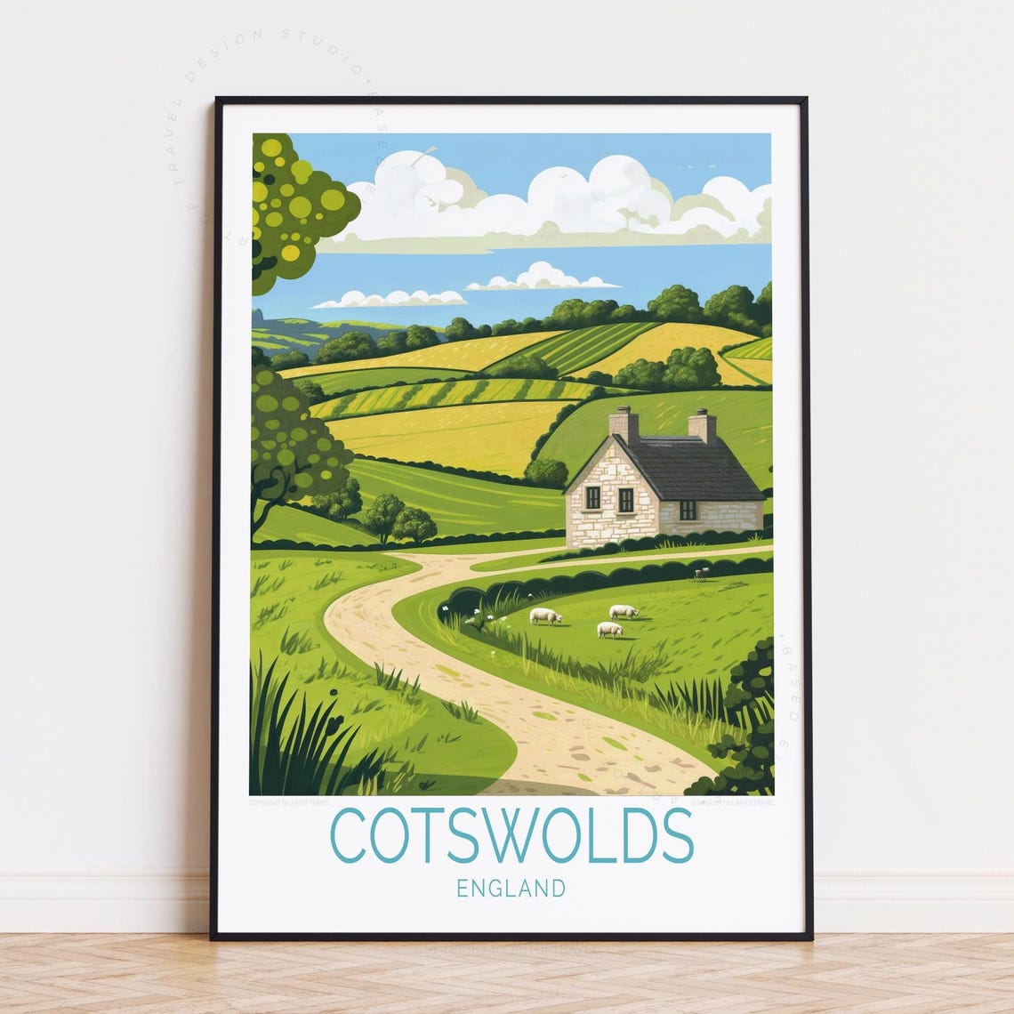 Cotswolds England Winding Country Road Sheep Hills Travel Poster