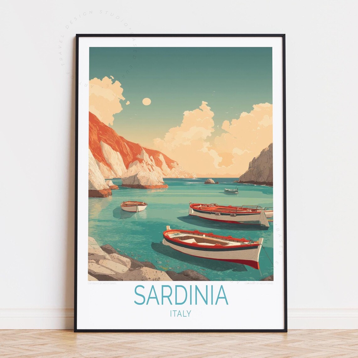 Sardinia Italy Turquoise Cove Fishing Boats Limestone Cliffs Poster