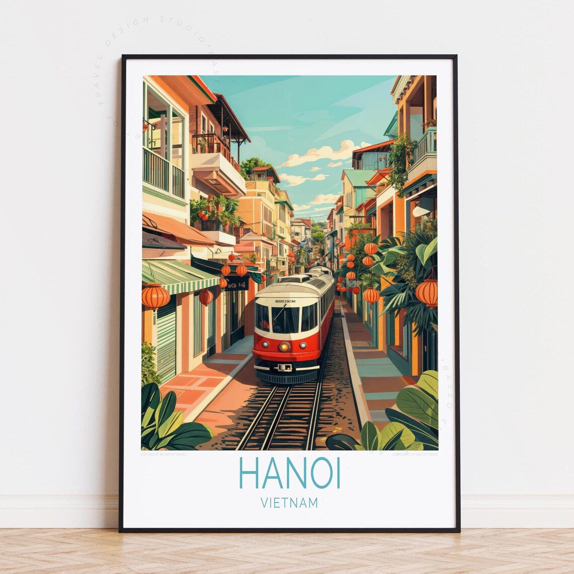 Hanoi Vietnam Train Street Red Tram Lanterns Old Town Travel Poster