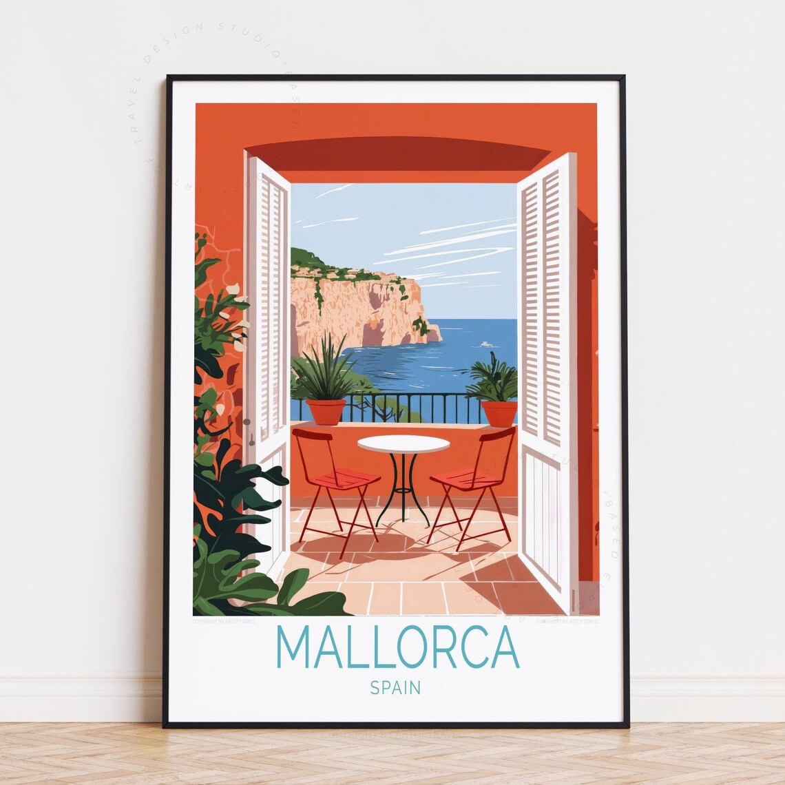 Mallorca Spain Open Shutters Balcony Seaside Cliffs Travel Poster
