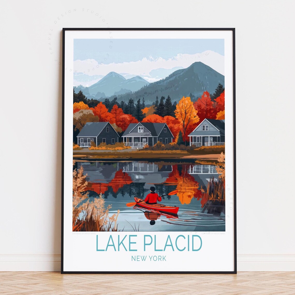 Lake Placid New York Autumn Kayaker Red Boat Fall Colors Poster