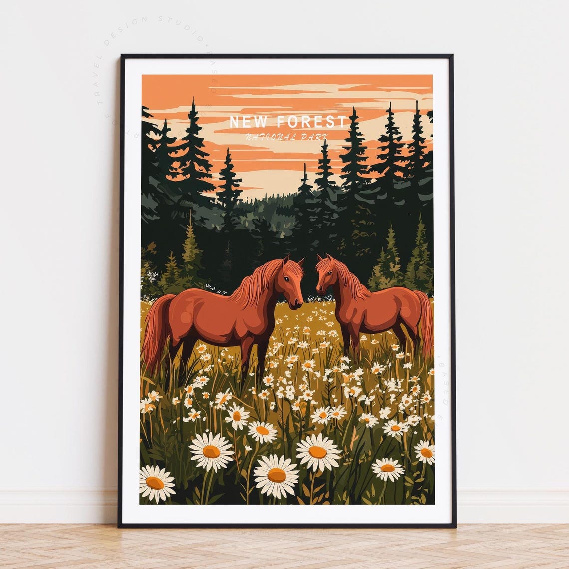 New Forest National Park Chestnut Pair Daisy Field Meadow Poster