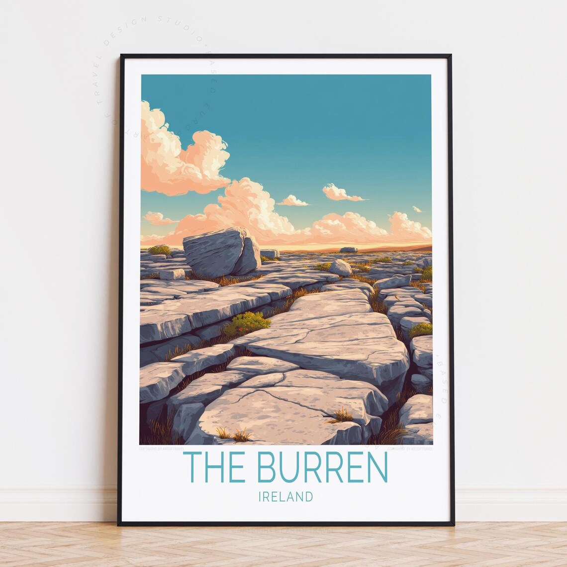 The Burren Ireland Limestone Landscape Golden Sky Travel Poster