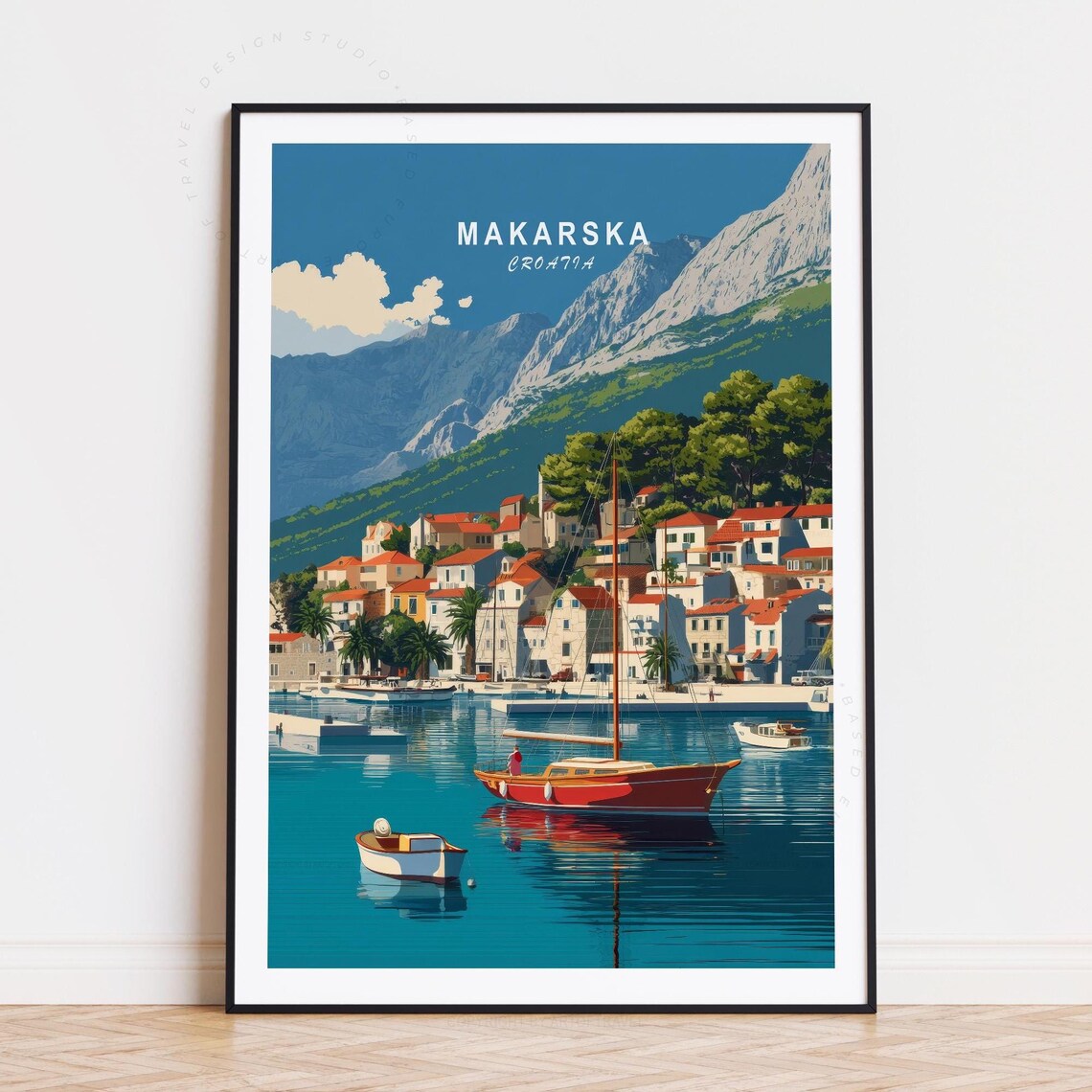 Makarska Croatia Harbor Sailboat Old Town Retro Travel Poster