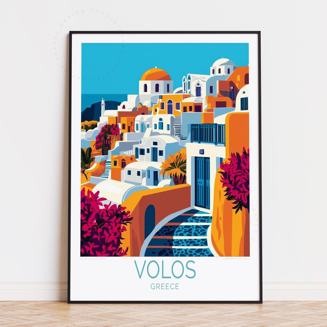 Volos Greece Orange Houses Bougainvillea Street Travel Poster