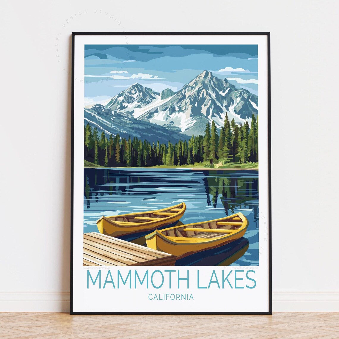 Mammoth Lakes California Yellow Canoes Dock Snowy Peaks Lake Poster