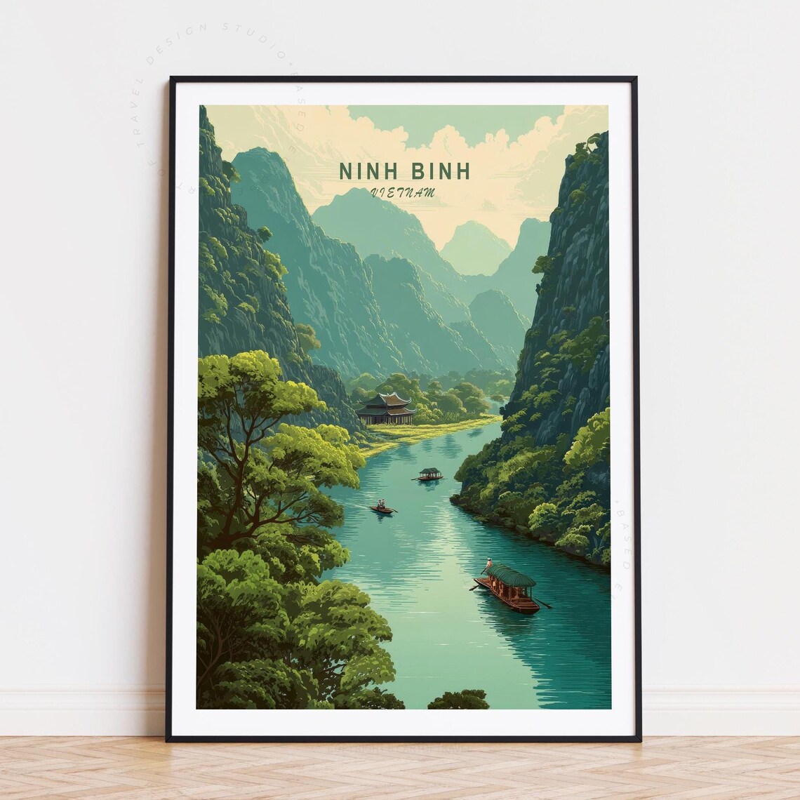 Ninh Binh Vietnam River Bend Covered Boats Cliffs Travel Poster