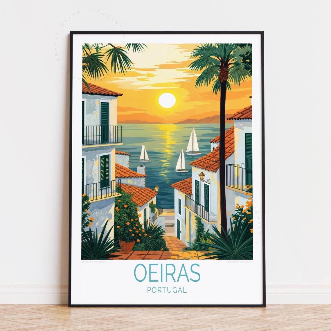 Oeiras Portugal Sunset Sailboats Coastal Town Vintage Travel Poster